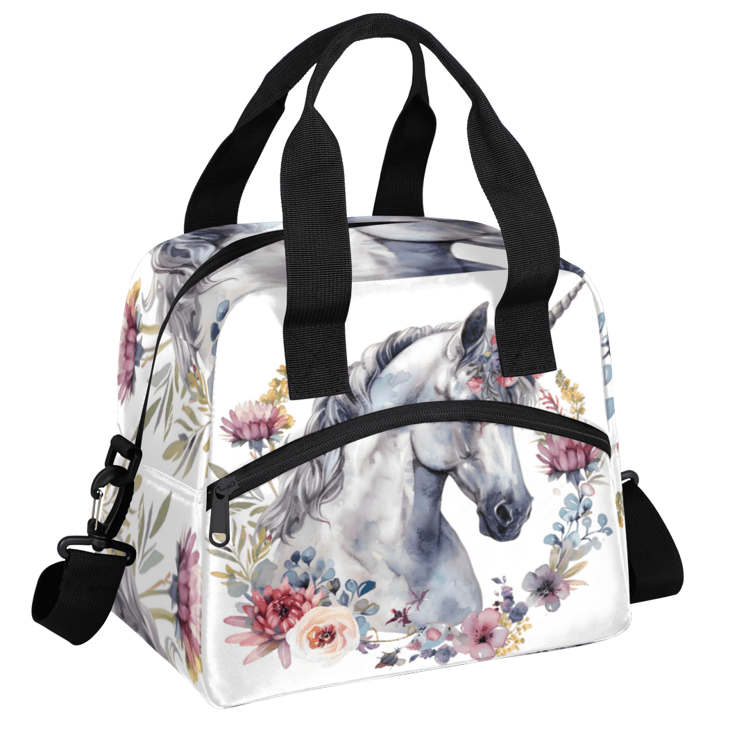 Herdesigns Floral Unicorn Horse Insulated Lunch Bag for Women Men Adults Large Reusable Lunch Box Leakproof Portable Cooler Tote Bags with Adjustable Shoulder Strap
