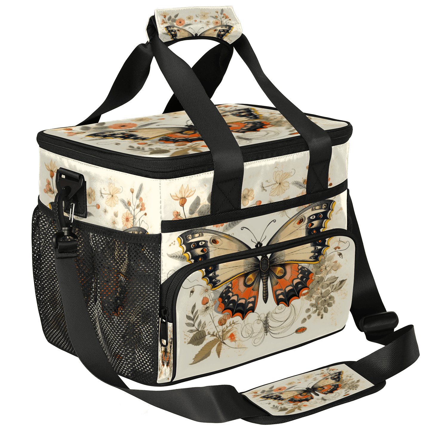 Herdesigns Flower Butterfly Large Lunch Box for Adults Women Men with Adjustable Shoulder Strap, Insulated Reusable Lunch Bag Leakproof Cooler Tote Bag