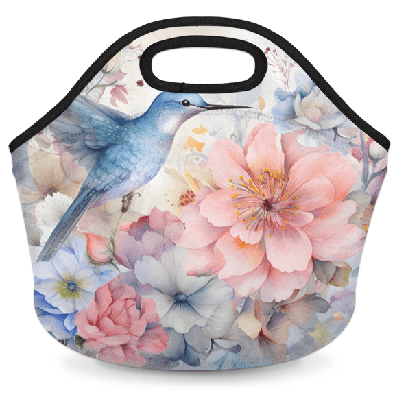 Herdesigns Flower Floral Neoprene Lunch Bag, Hummingbird Insulated Lunch Box for Women Men Washable Lunch Tote Soft Lunch Container With Zipper for Work Picnic Travel