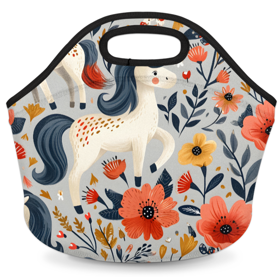 Herdesigns Flower Neoprene Lunch Bag, Unicorn Insulated Lunch Box for Women Men Washable Lunch Tote Soft Lunch Container With Zipper for Work Picnic Travel