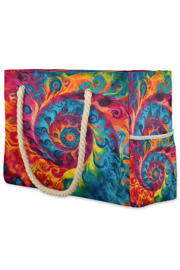 Flower Tie Dye Tote Beach Bag for Women Ladies with Zipper Boho Style Large Waterproof Sandproof Swim Pool Bag
