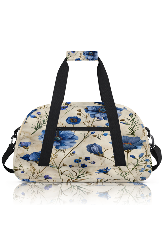 Flowers Blue Sports Duffle Bag for Women & Men, Floral Gym Bag Dance Bag Overnight Bag Carry On Weekender Travel Bag