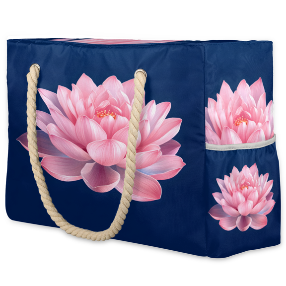 Herdesigns Flowers Tote Beach Bag for Women Ladies Large Zipper Beach Bags Lotus Floral Waterproof Sandproof Sports Gym Swim Pool Travel Bag