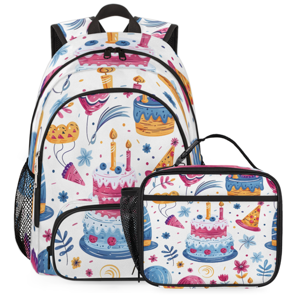 Herdesigns Food Backpack with Lunch Box Cake Happy Birthday Lightweight Large Travel Work Laptop Backpacks Set Casual Daypacks