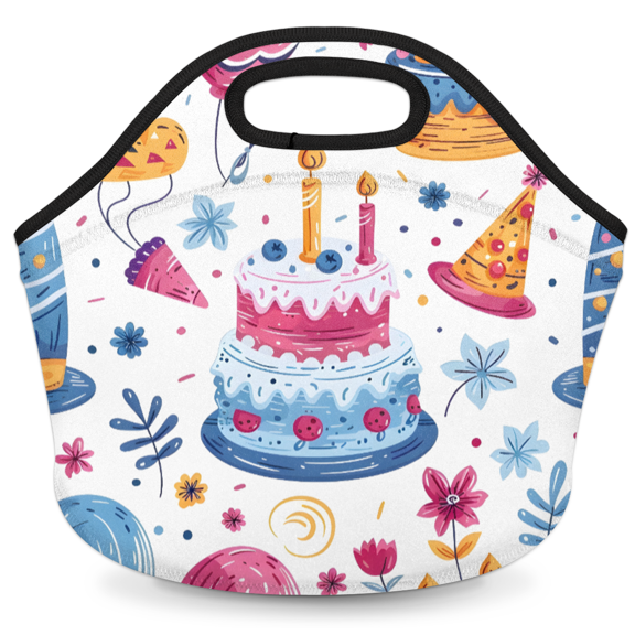 Herdesigns Food Neoprene Lunch Bag, Cake Happy Birthday Insulated Lunch Box for Women Men Washable Lunch Tote Soft Lunch Container With Zipper for Work Picnic Travel