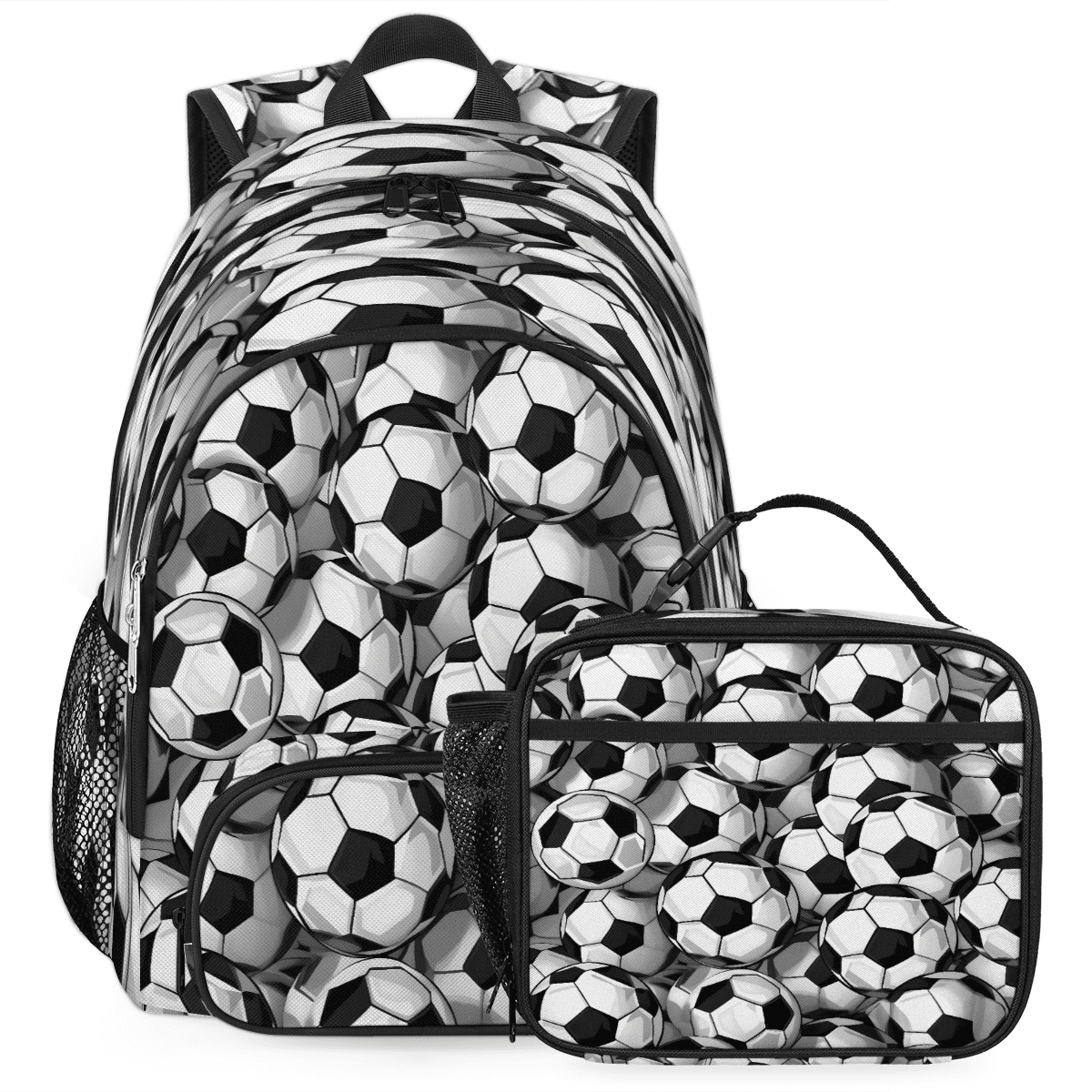 Herdesigns Football Black And White Large Backpack Set with Lunch Box ...