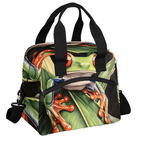 Herdesigns Forest Tree Frog Lunch Bag for Men Women Adults Animals Palm Leaves Insulated Lunch Box Leakproof Cooler Tote Bag Organizer with Adjustable Shoulder Strap