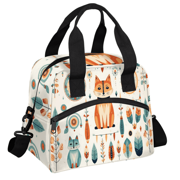 Herdesigns Fox Insulated Lunch Bag for Women Men Adults Large Reusable Lunch Box Boho Ethnic Leakproof Cooler Tote Bags with Adjustable Shoulder Strap