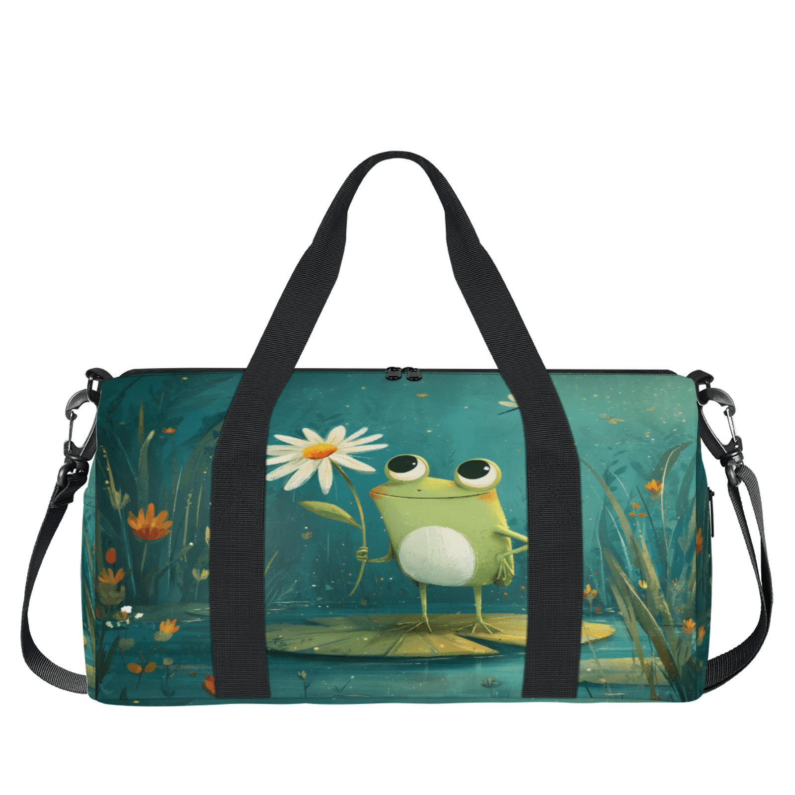 Herdesigns Funny Frog Gym Bag for Women, Duffle Bag for Travel Sport, Green Leaf Flower Lightweight Waterproof Carry on Weekender Dance Yoga Workout Bags
