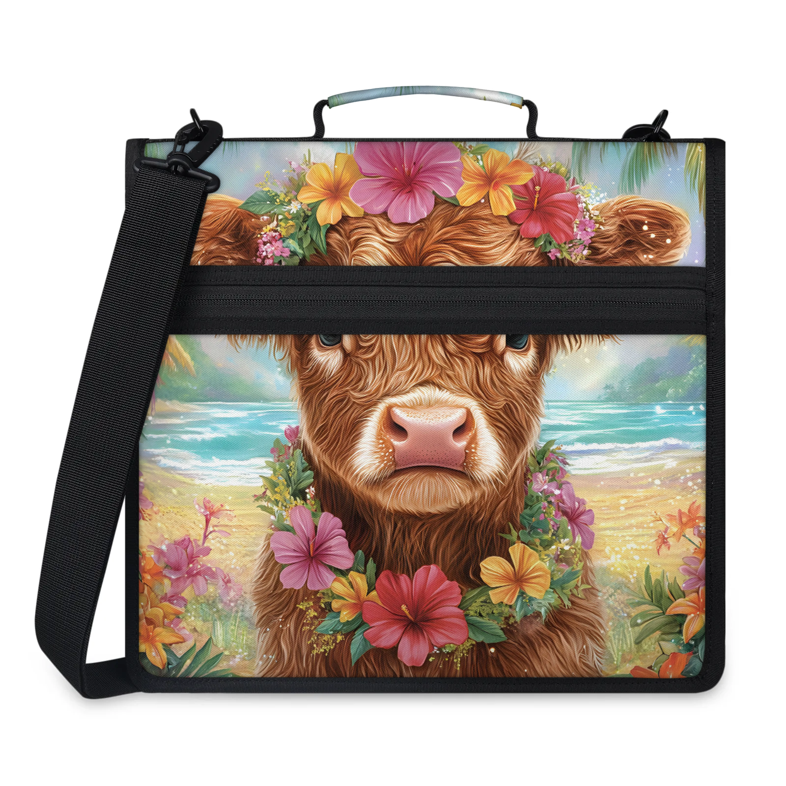 Herdesigns Funny Highland Cow Zipper Binder with Shoulder Strap, Waterproof 1.5 Inch 3 D-Ring Binder Organizer Bag, Fits 13 Inch Laptop for Work, Rustic Farmhouse Bull Animal