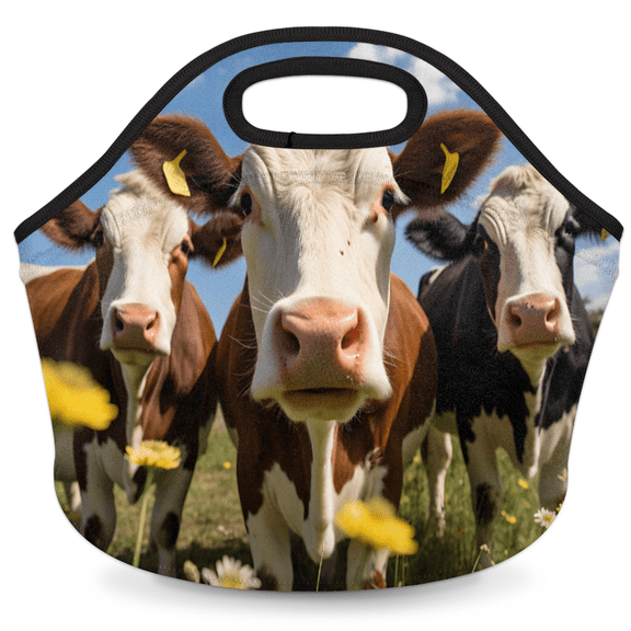Herdesigns Funny Neoprene Lunch Bag, Cow Insulated Lunch Box for Women Men Washable Lunch Tote Soft Lunch Container With Zipper for Work Picnic Travel