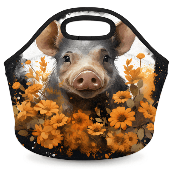 Herdesigns Funny Pig Neoprene Lunch Bag, Farm Animal Insulated Lunch Box for Women Men Washable Lunch Tote Soft Lunch Container With Zipper for Work Picnic Travel