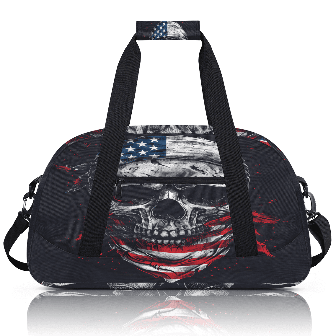 Herdesigns Funny Skull Skeleton Sports Duffle Bag for Women & Men, American Flag Gym Bag Dance Bag Overnight Bag Carry On Weekender Travel Bag