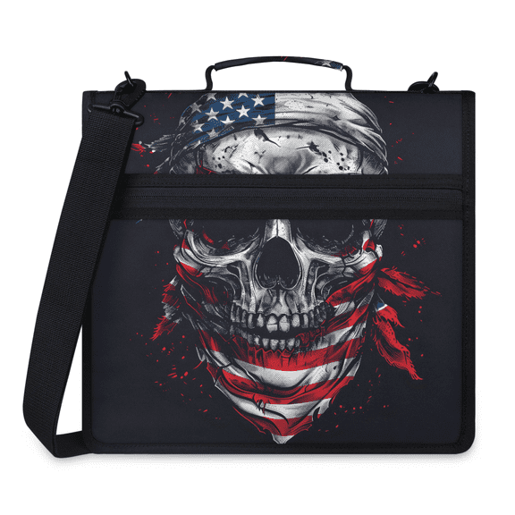 Herdesigns Funny Skull Skeleton Zipper Binder 1.5 Inch 3 D-Rings with Shoulder Strap & Handle, Waterproof American Flag Binder Organizer Bag for 13 Inch Laptop