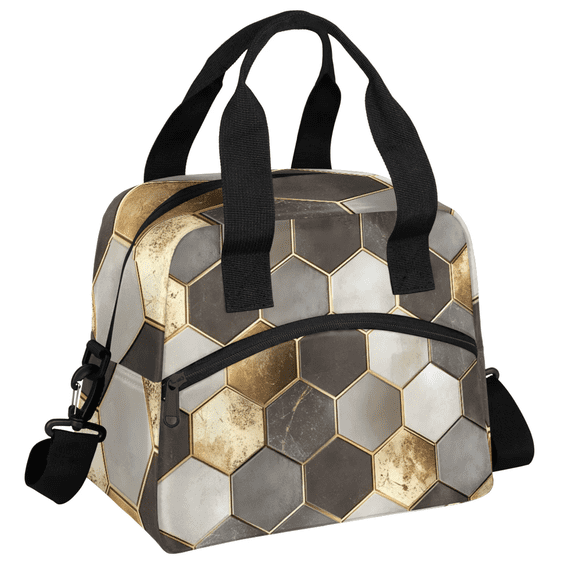 Herdesigns Geometric Lunch Bag for Men Women Adults Gold Insulated Lunch Box Leakproof Cooler Tote Bag Organizer with Adjustable Shoulder Strap