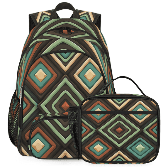 Herdesigns Geometric Shapes Backpack with Lunch Box Mid Century Modern Lightweight Large Travel Work Laptop Backpacks Set Casual Daypacks