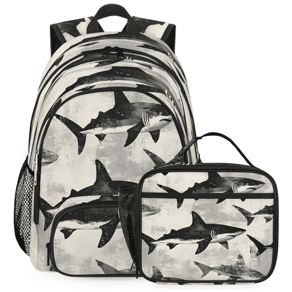 Herdesigns Gery Shark Large Backpack Set with Lunch Box Lightweight Water Resistant Travel Laptop Backpacks Casual Daypacks for Women Men, Ocean Animal Fish