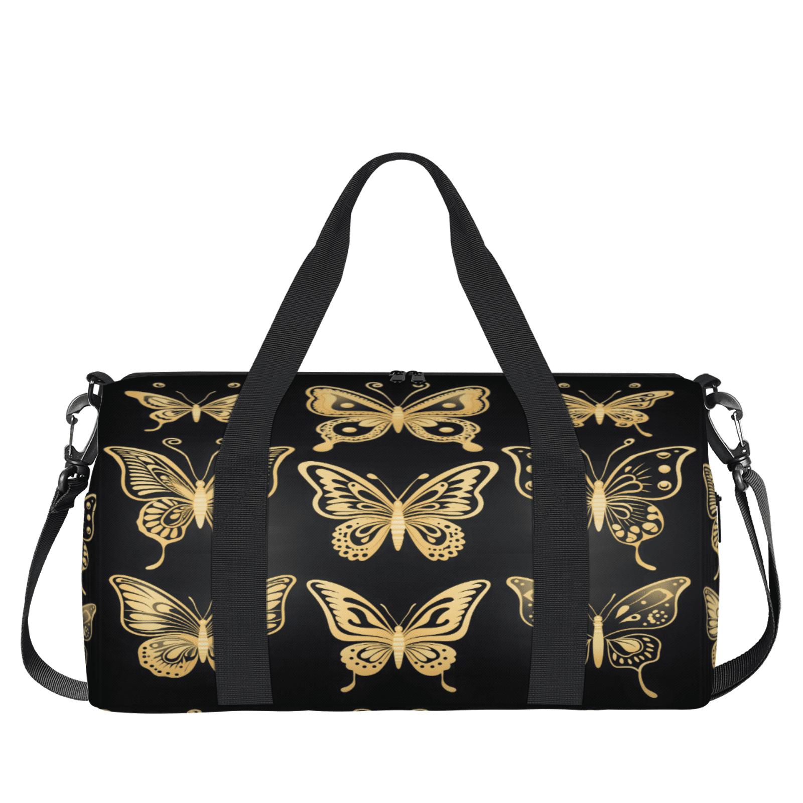 Herdesigns Gold Butterfly Travel Duffle Bag Sports Yoga Weekender Overnight Carry on Workout Bags Lightweight Waterproof Gym Tote Bag for Women