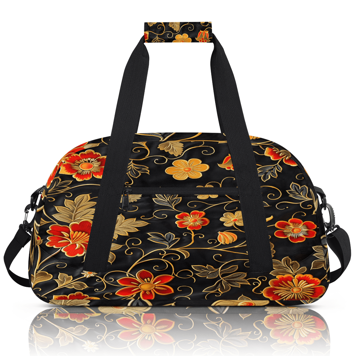 Herdesigns Gold Red Flowers Sports Duffle Bag for Women & Men, Retro Floral Gym Bag Dance Bag Overnight Bag Carry On Weekender Travel Bag
