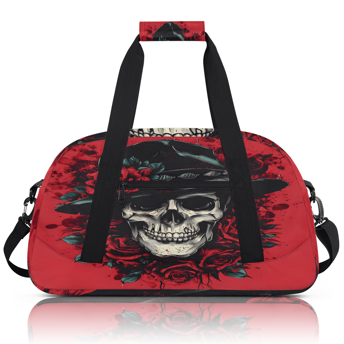 Herdesigns Gothic Skull Skeleton Sports Duffle Bag for Women & Men, Red Rose Gym Bag Dance Bag Overnight Bag Carry On Weekender Travel Bag