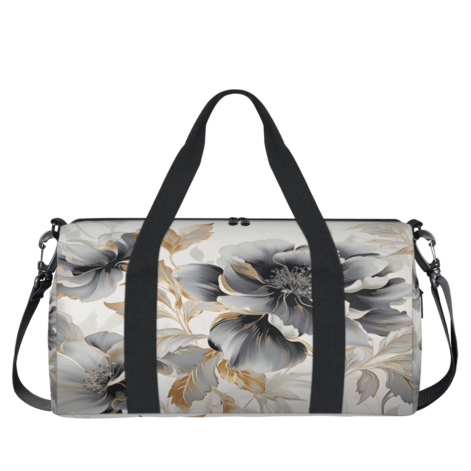 Herdesigns Gray Gold Marble Floral Gym Bag for Women, Duffle Bag for Travel Sport, Lightweight Waterproof Carry on Weekender Overnight Dance Yoga Workout Bags