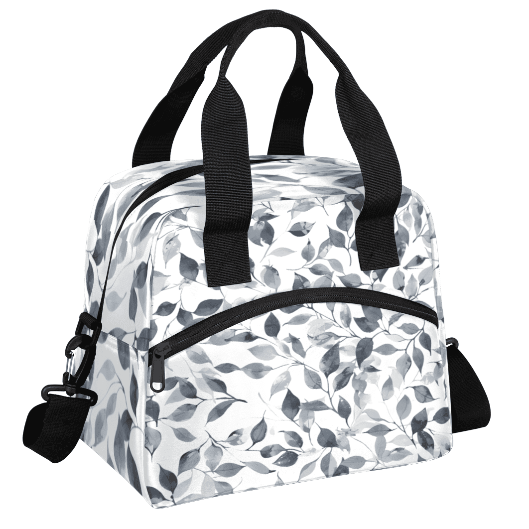Herdesigns Gray and White Insulated Lunch Bag for Women Men Adults Large Reusable Lunch Box Leaves Leakproof Cooler Tote Bags with Adjustable Shoulder Strap