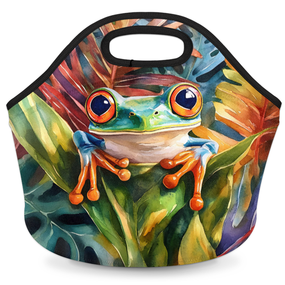 Herdesigns Green Frog Insulated Lunch Bag Neoprene Lunch Box for Women Men Soft Cooler Bag Cute Cartoon Frog Washable Lunch Tote for Work Outdoor Picnic