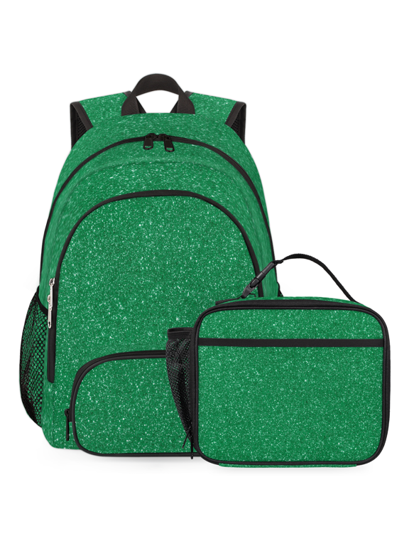 Green Glitter Star Large Backpack Set with Lunch Box Lightweight Water Resistant Travel Laptop Backpacks Casual Daypacks for Women Men