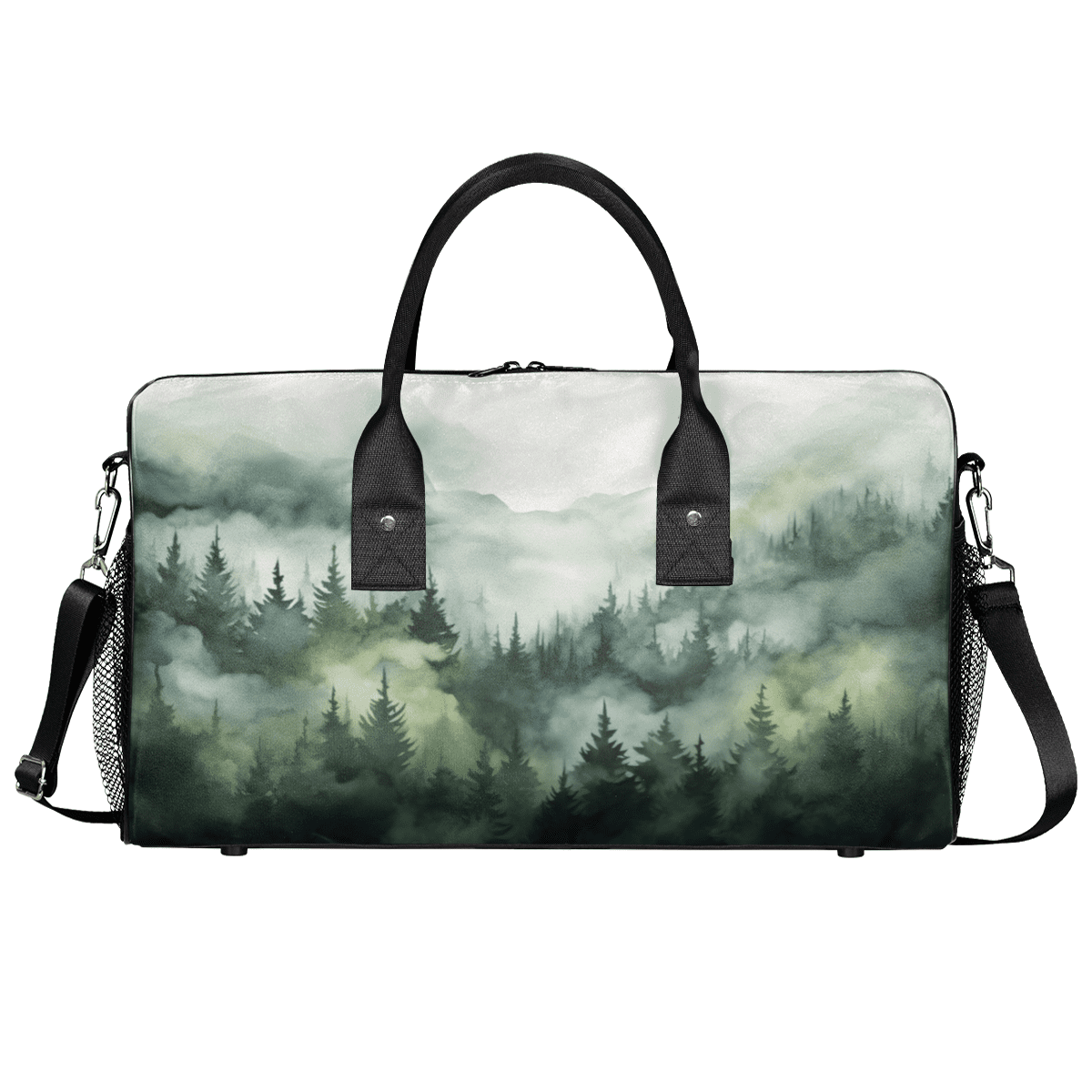 Herdesigns Green Misty Forest Gym Bag for Women Men, Travel Duffle Bag Lightweight Waterproof Carry on Weekender Overnight Tote for Dance Cheer Sport, Mountain Pine Tree