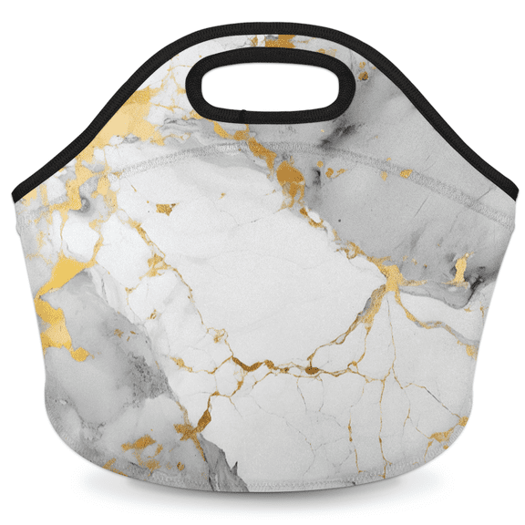 Herdesigns Grey White Gold Marble Neoprene Lunch Bag, Modern Abstract Insulated Lunch Box for Women Men Washable Lunch Tote Soft Lunch Container With Zipper for Work Picnic Travel