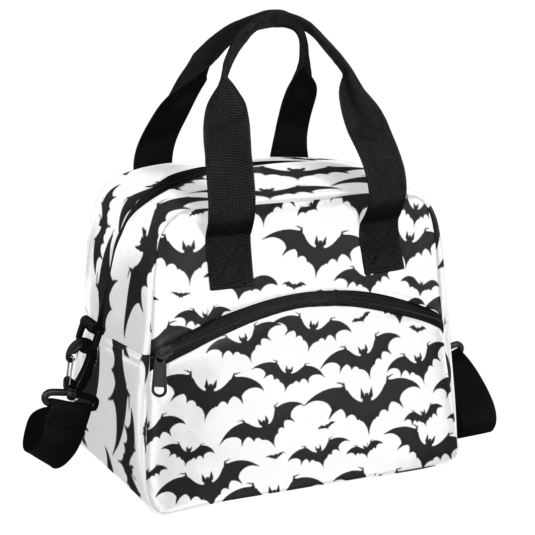 Herdesigns Halloween Bat Insulated Lunch Bag for Women Men Adults Large Reusable Lunch Box Black and White Bat Leakproof Cooler Tote Bags with Adjustable Shoulder Strap