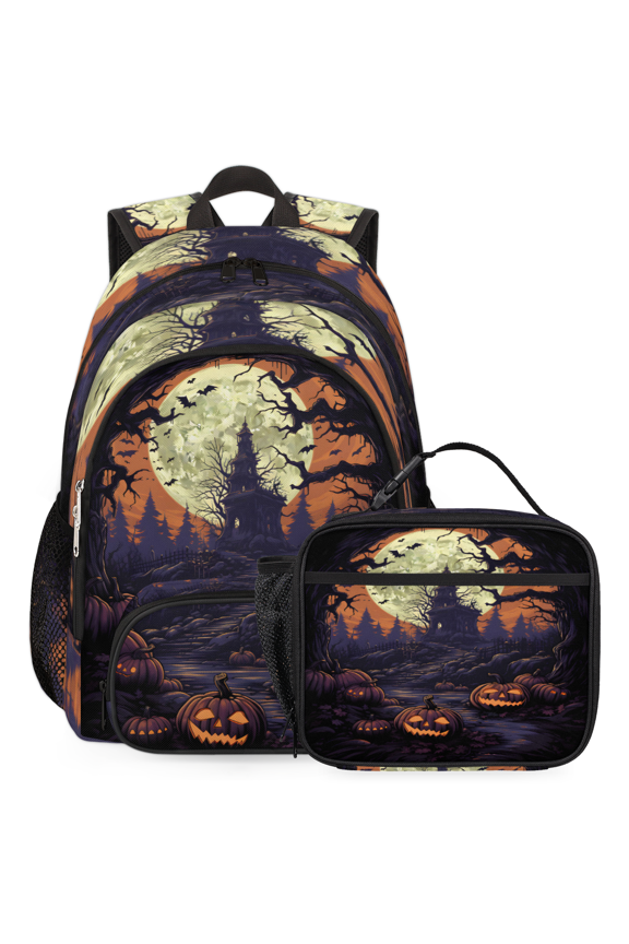 Halloween Castle Backpack with Lunch Box Pumpkin Halloween Lightweight Large Travel Work Laptop Backpacks Set Casual Daypacks