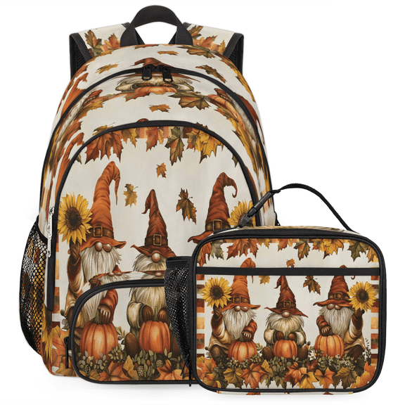 Herdesigns Halloween Fall Gnomes Large Backpack Set with Lunch Box Lightweight Water Resistant Travel Laptop Backpacks Casual Daypacks for Women Men