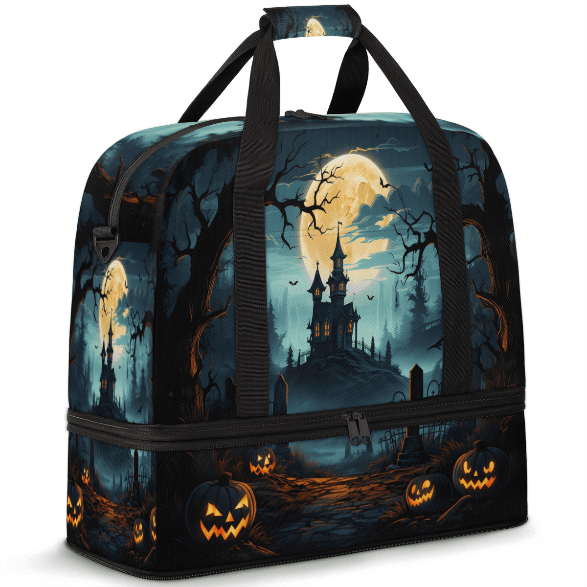 Herdesigns Halloween Foldable Travel Duffle Bag for Women and Men Lightweight Carry On Overnight Bag Halloween Castle Gym Luggage Weekender Bags with Shoe Compartment