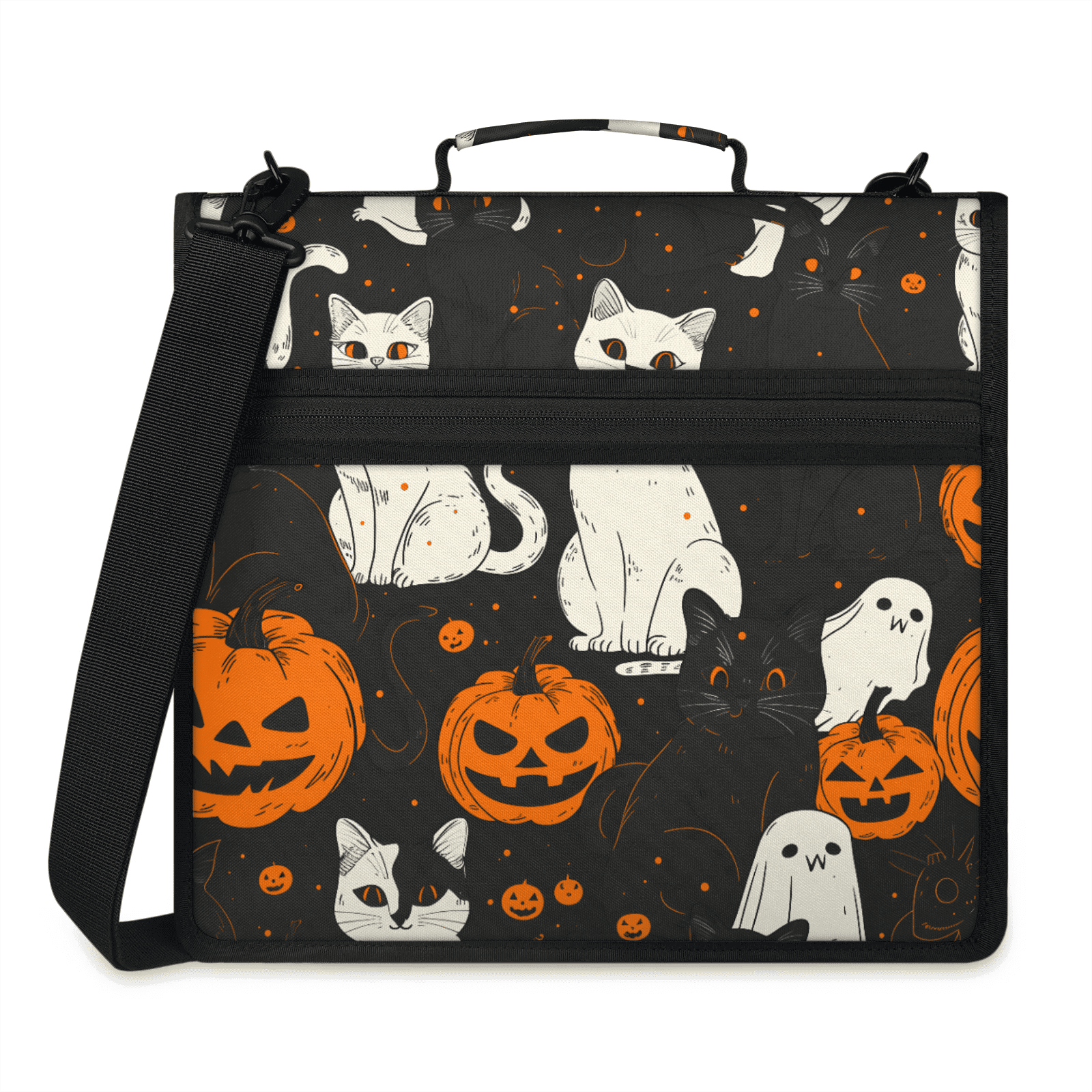 Herdesigns Halloween Pumpkin Zipper Binder 1.5 Inch 3 D-Rings with Shoulder Strap & Handle, Waterproof Black White Cat Binder Organizer Bag for 13 Inch Laptop