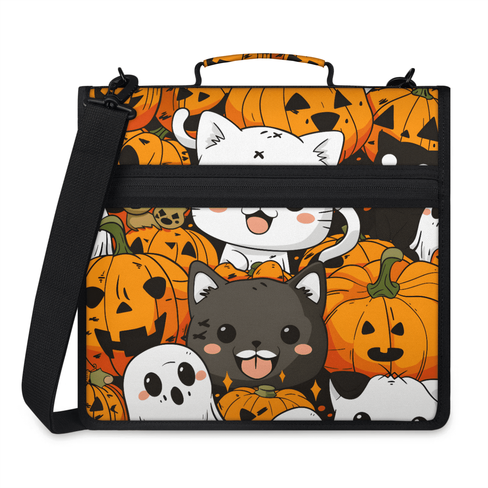 Herdesigns Halloween Pumpkin Zipper Binder 1.5 Inch 3 D-Rings with Shoulder Strap & Handle, Waterproof Cute Cat Binder Organizer Bag for 13 Inch Laptop