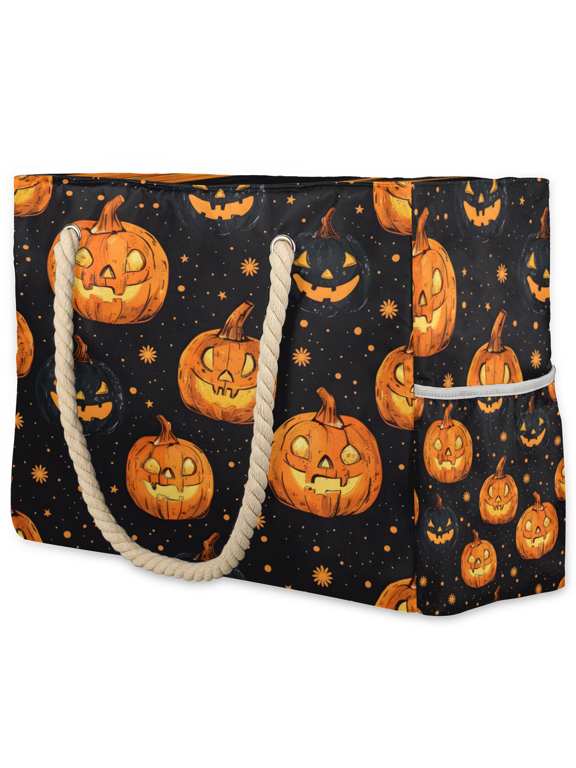 Halloween Tote Beach Bag for Women Ladies with Zipper Evil Pumpkin Large Waterproof Sandproof Swim Pool Bag
