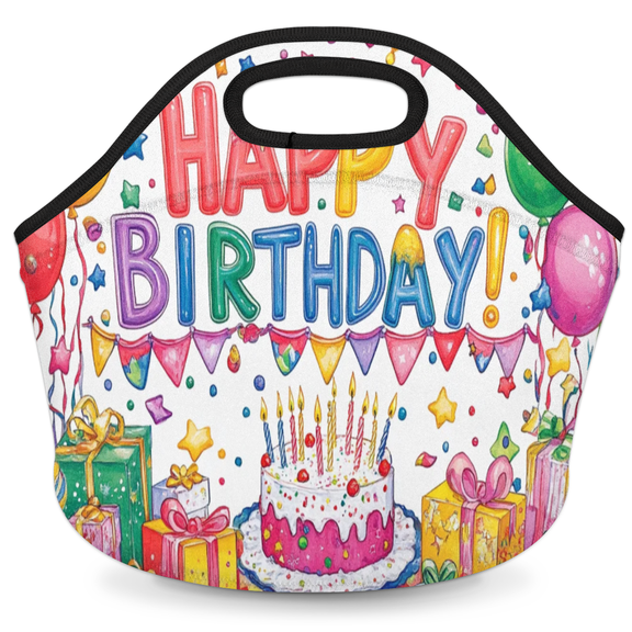 Herdesigns Happy Birthday Insulated Lunch Bag Neoprene Lunch Box for Women Men Soft Cooler Bag Colorful Balloons Washable Lunch Tote for Work Outdoor Picnic
