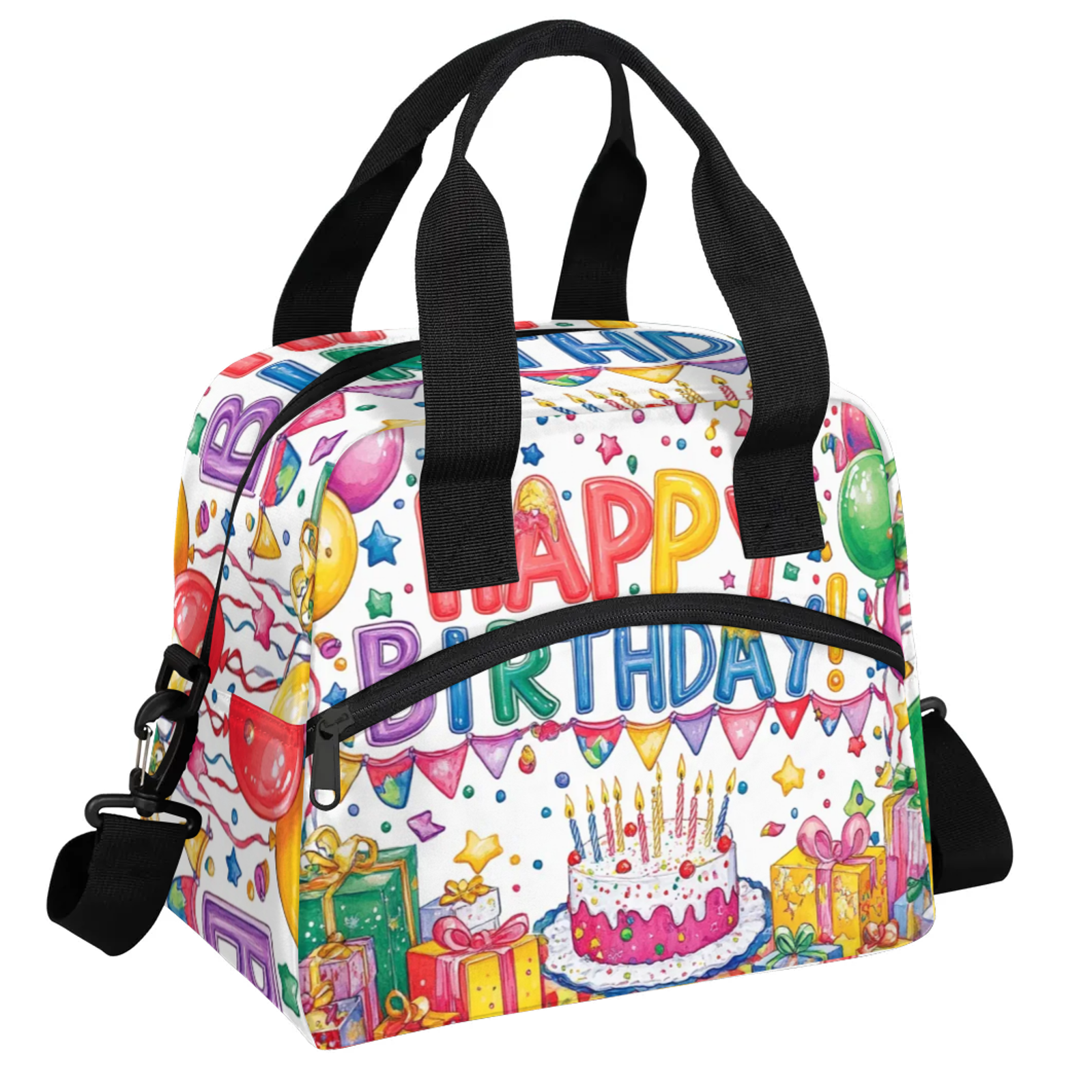 Herdesigns Happy Birthday Lunch Bag for Men Women Adults Colorful Balloons Insulated Lunch Box Leakproof Cooler Tote Bag Organizer with Adjustable Shoulder Strap
