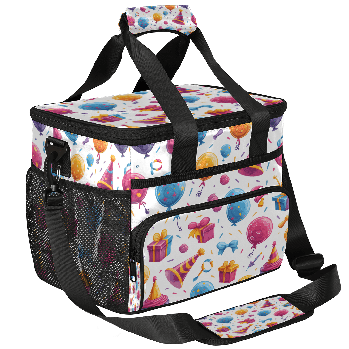 Herdesigns Happy Birthday Theme Large Lunch Box for Adults Women Men with Adjustable Shoulder Strap, Insulated Reusable Lunch Bag Leakproof Cooler Tote Bag