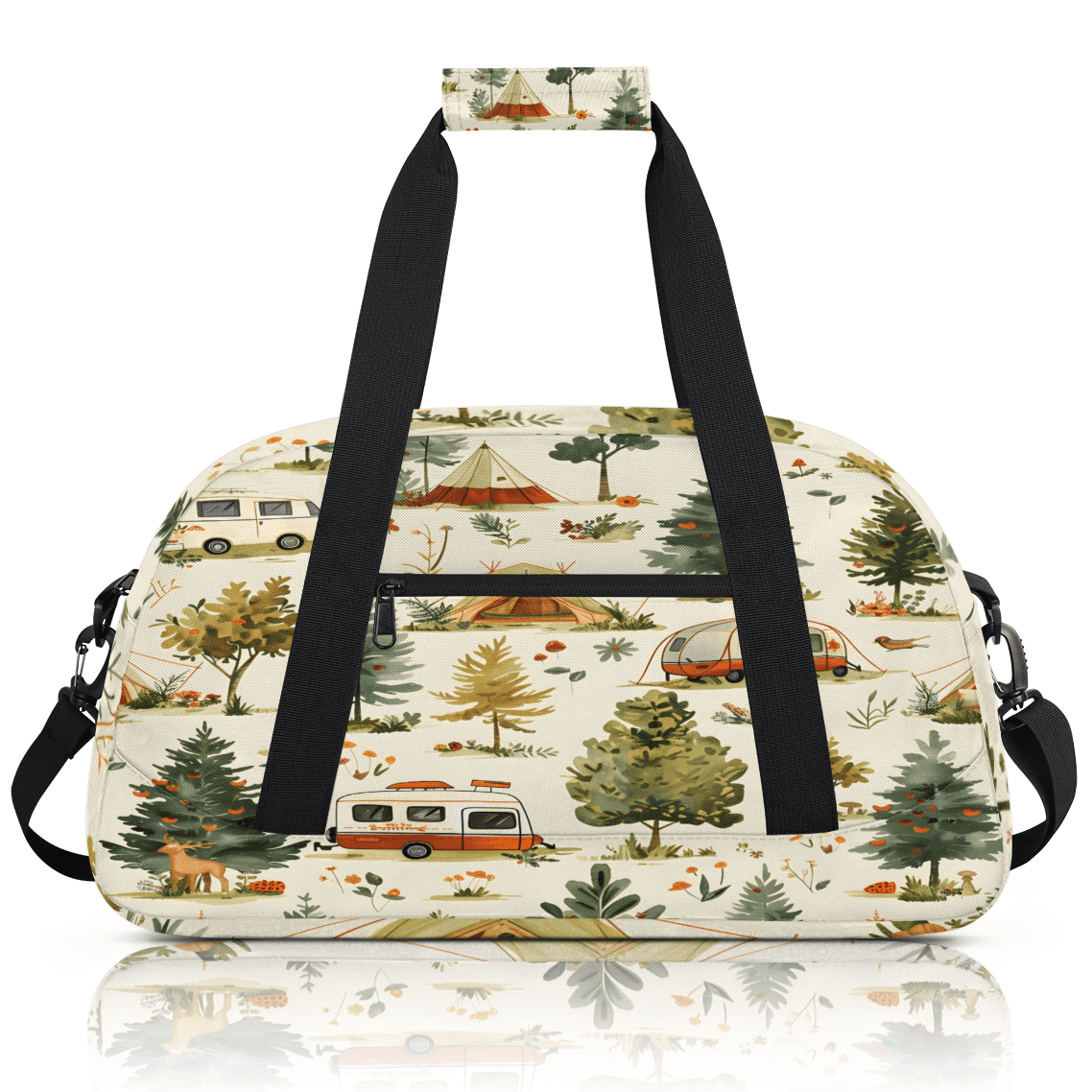 Herdesigns Happy Camper Sports Duffle Bag for Women & Men, Farmhouse Camping Gym Bag Dance Bag Overnight Bag Carry On Weekender Travel Bag