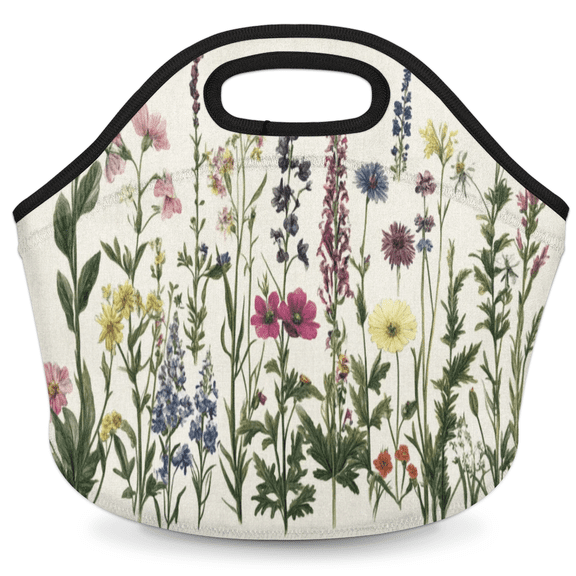 Herdesigns Herbs And Wild Flowers Insulated Lunch Bag Neoprene Lunch Box for Women Men Soft Cooler Bag Floral Washable Lunch Tote for Work Outdoor Picnic