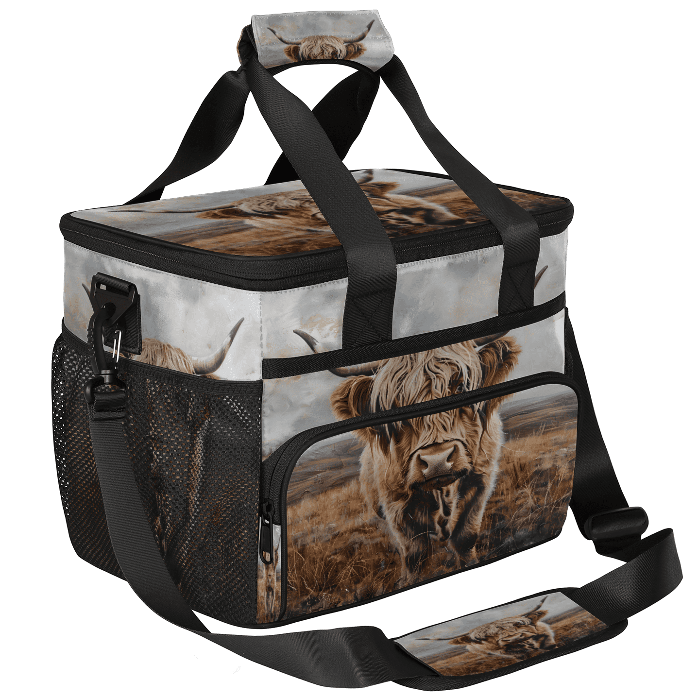 Herdesigns Highland Cow Funny Large Lunch Box for Adults Women Men with Adjustable Shoulder Strap, Insulated Reusable Lunch Bag Leakproof Cooler Tote Bag