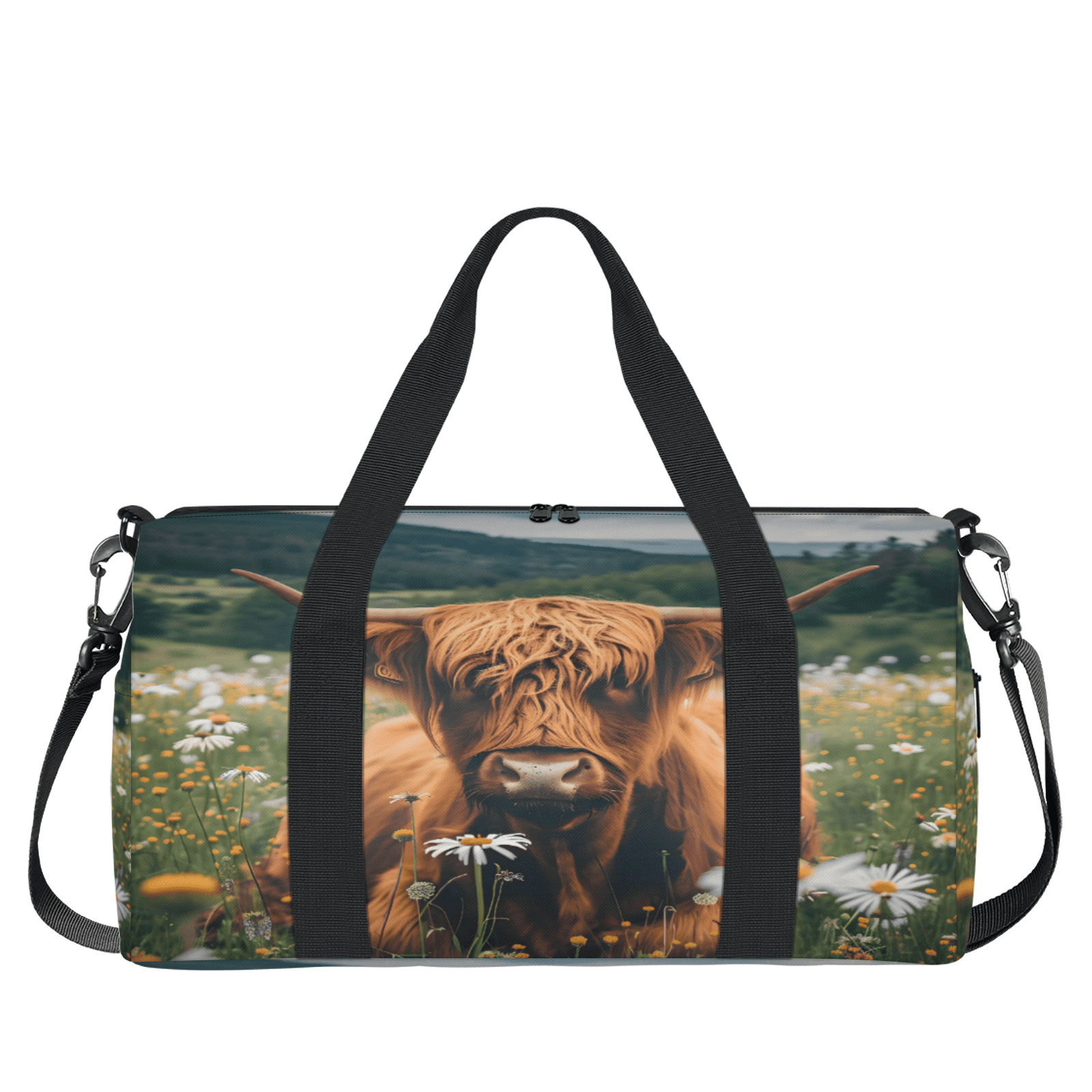 Herdesigns Highland Cow Spring Floral Gym Bag for Women, Duffle Bag for Travel Sport, Lightweight Waterproof Carry on Weekender Overnight Dance Yoga Workout Bags