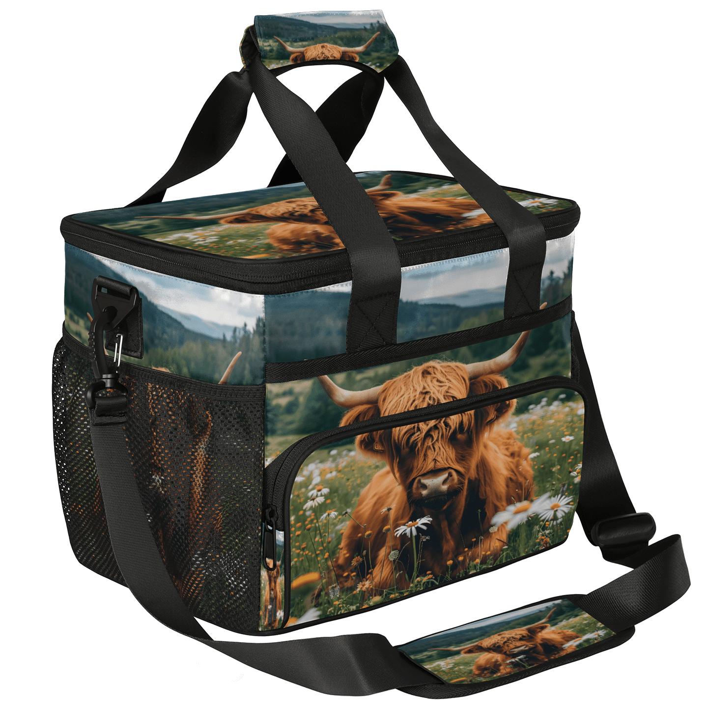 Herdesigns Highland Cow Spring Floral Large Lunch Box for Adults Women Men with Adjustable Shoulder Strap, Insulated Reusable Lunch Bag Leakproof Cooler Tote Bag