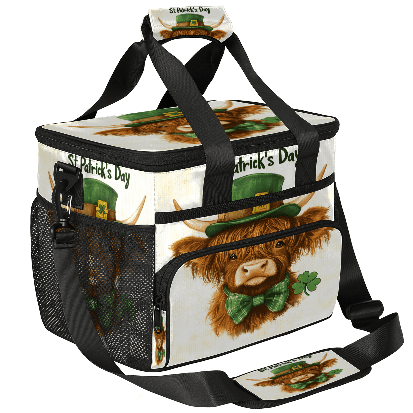 Herdesigns Highland Cow St. Patrick's Day Large Lunch Box for Adults Women Men with Adjustable Shoulder Strap, Insulated Reusable Lunch Bag Leakproof Cooler Tote Bag
