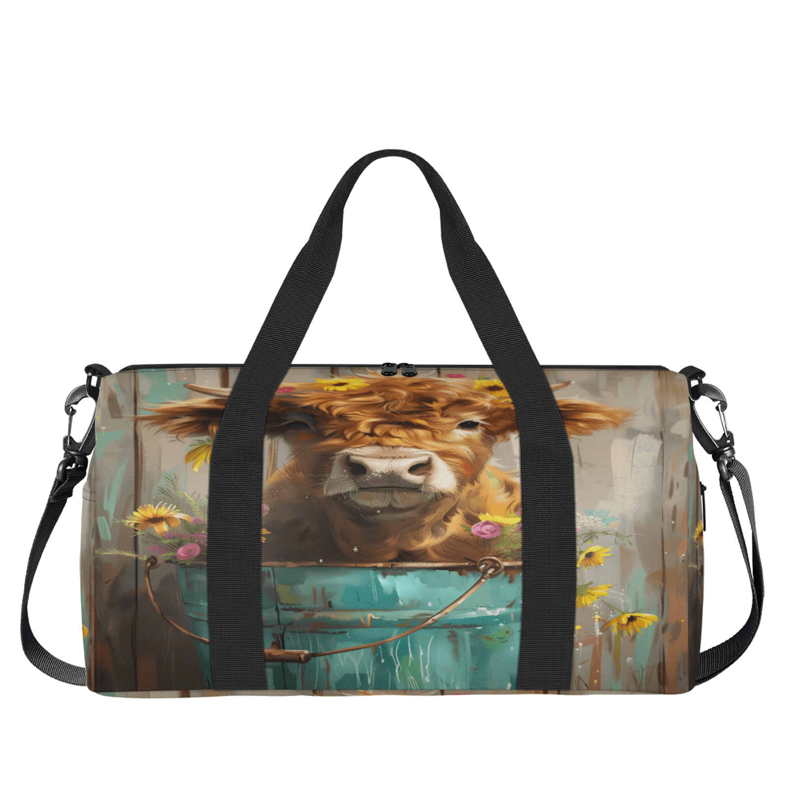 Herdesigns Highland Cow Wood Print Gym Bag for Women, Duffle Bag for Travel Sport, Lightweight Waterproof Carry on Weekender Overnight Dance Yoga Workout Bags
