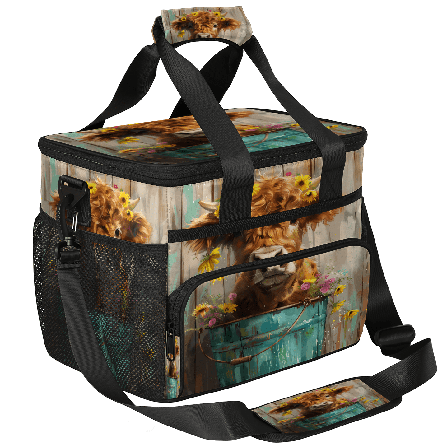Herdesigns Highland Cow Wood Print Large Lunch Box for Adults Women Men with Adjustable Shoulder Strap, Insulated Reusable Lunch Bag Leakproof Cooler Tote Bag