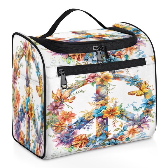 Herdesigns Hippie Flowers Hanging Toiletry Bag for Women, Peace Sign Waterproof Makeup Organizer Cosmetic Travel Bag for Accessories