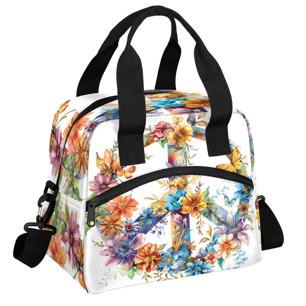 Herdesigns Hippie Flowers Insulated Lunch Bag for Women Men Adults Large Reusable Lunch Box Peace Sign Leakproof Cooler Tote Bags with Adjustable Shoulder Strap